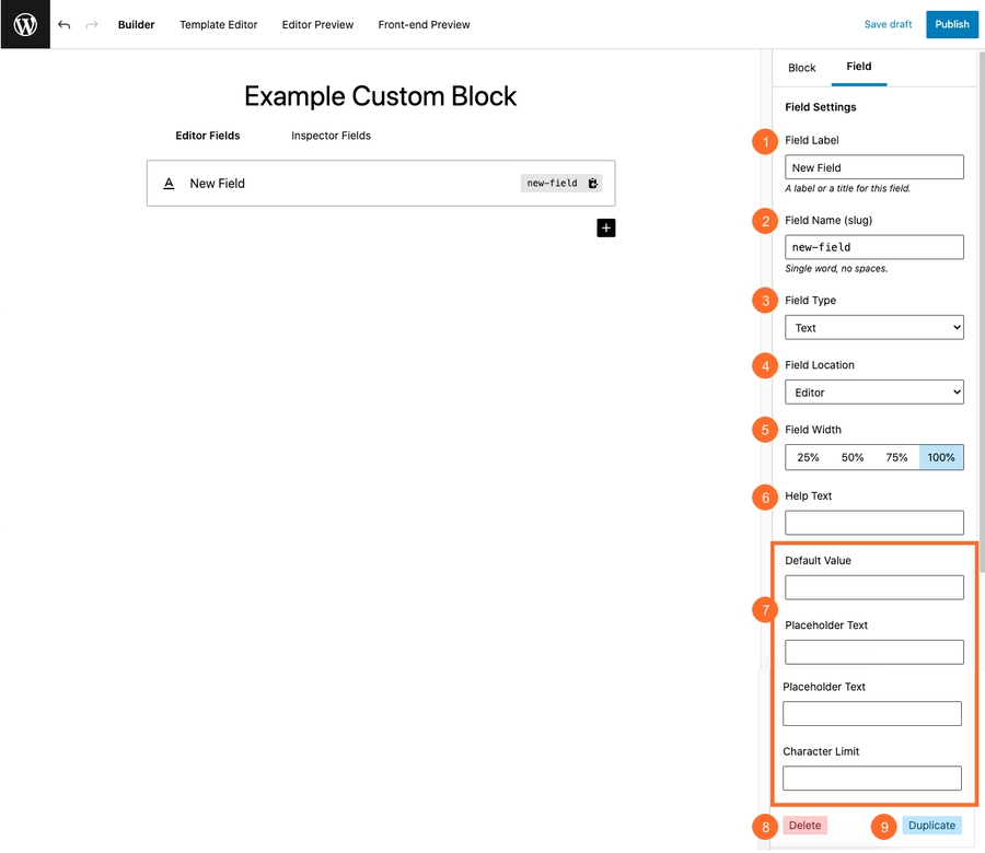 Screenshot of block field settings