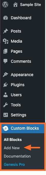 Screenshot of Custom Blocks menu