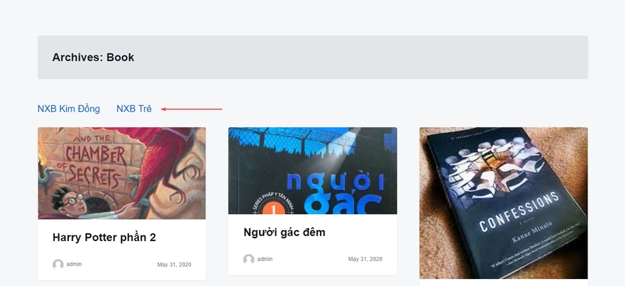 Các term của custom taxonomy được hiển thị ở trang archive