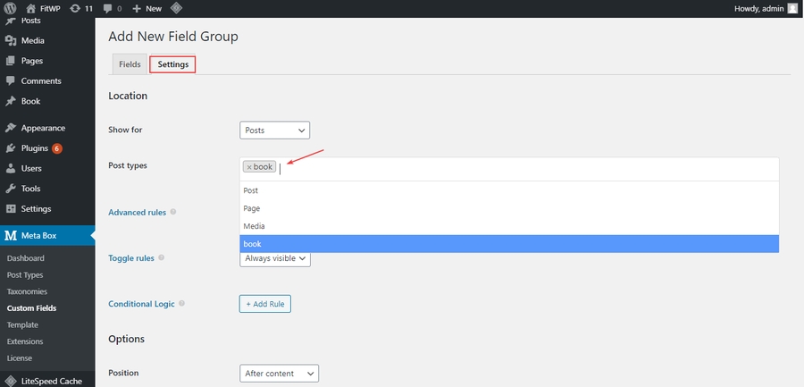 Ở tab Settings chọn post type là Book