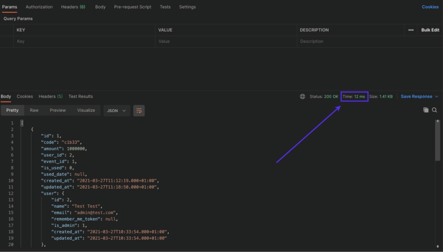 A screenshot of the Laravel API response time with cache implemented.