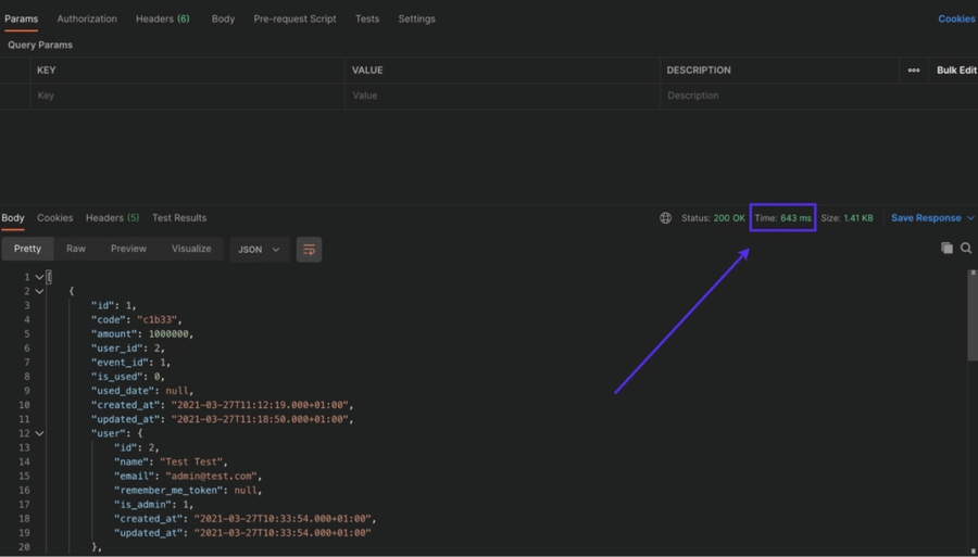 A screenshot of the Laravel API response time without cache implemented.
