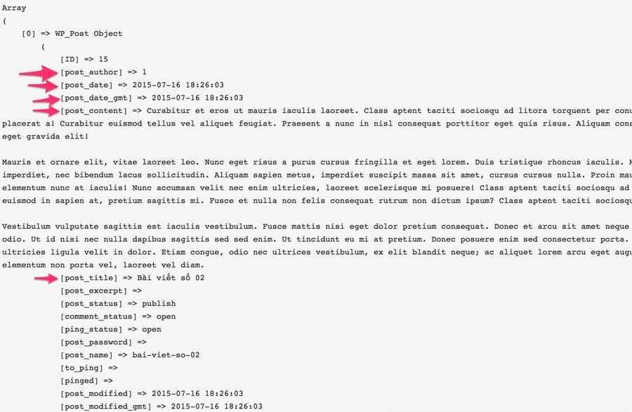 Các thuộc tính trong đối tượng $posts