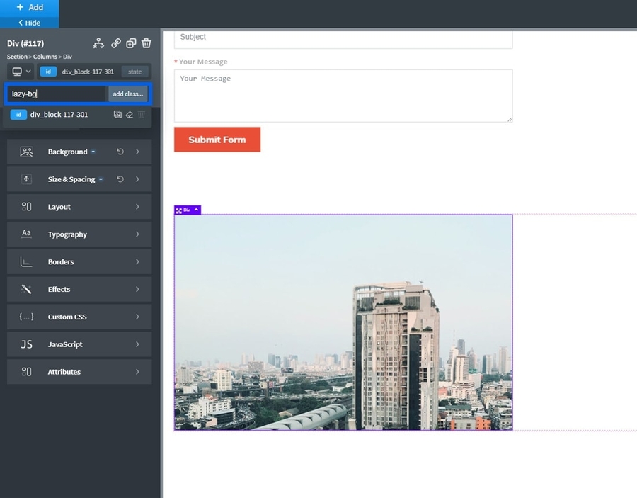 add lazy loading class in oxygen builder