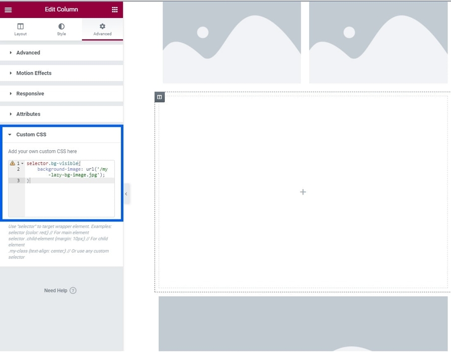 adding background image to lazy load class in elementor